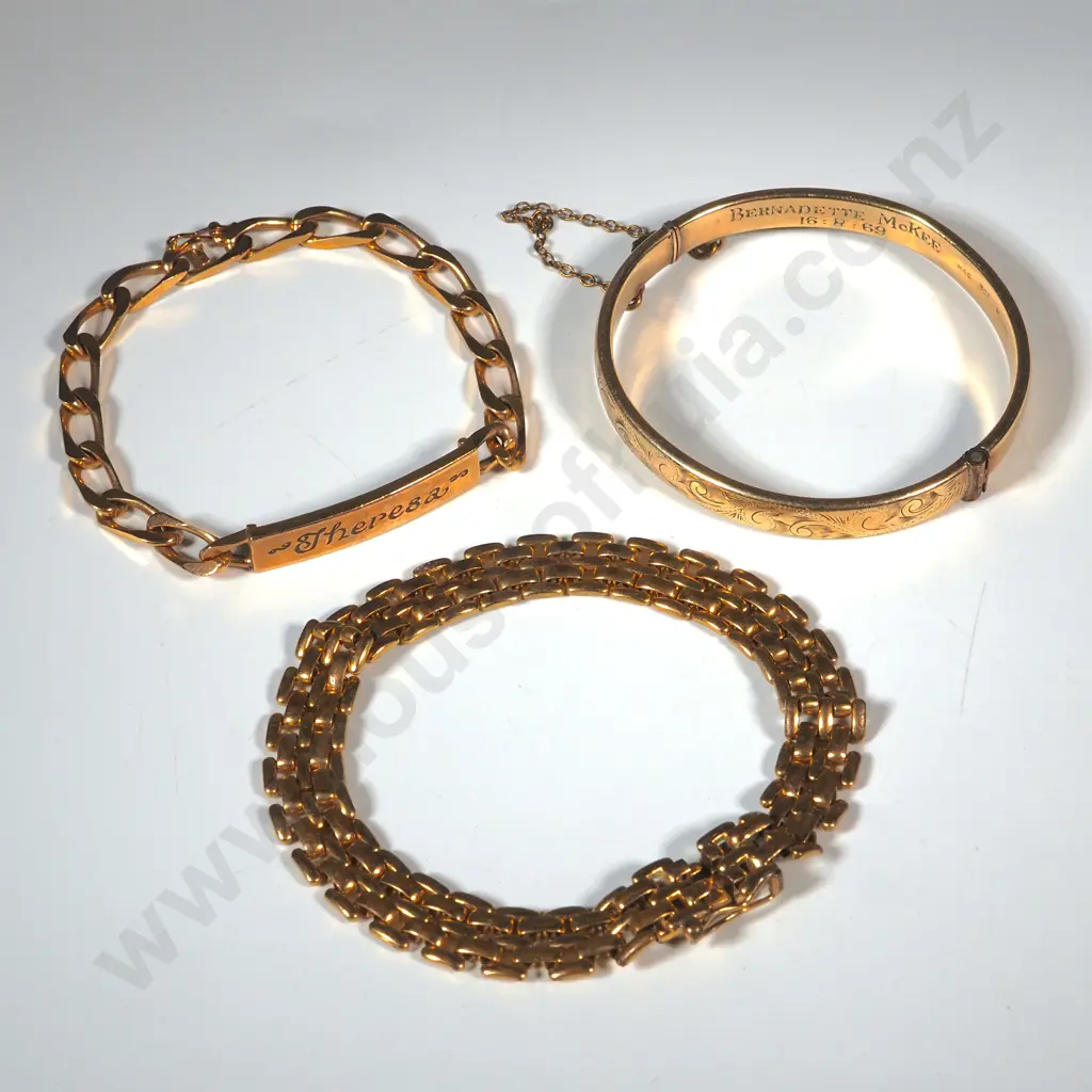 9ct Gold w Metal Core Child's Snap Bangle, Gold Coloured Dod Tag Style Bracelet, & Gold Brick Link Bracelet Image 1++
