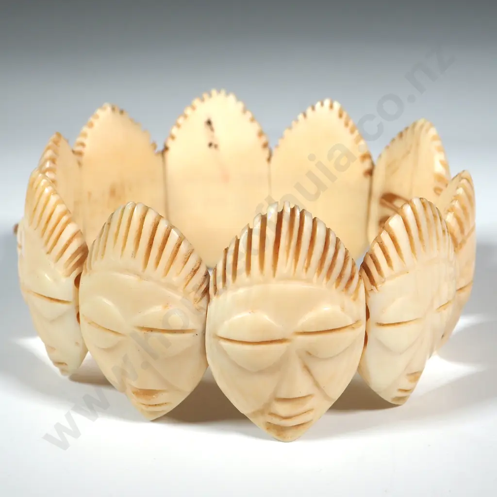 Ethnic Bone Expandable Bracelet w Ten Large Beads Carved as Face Masks. Image 1++