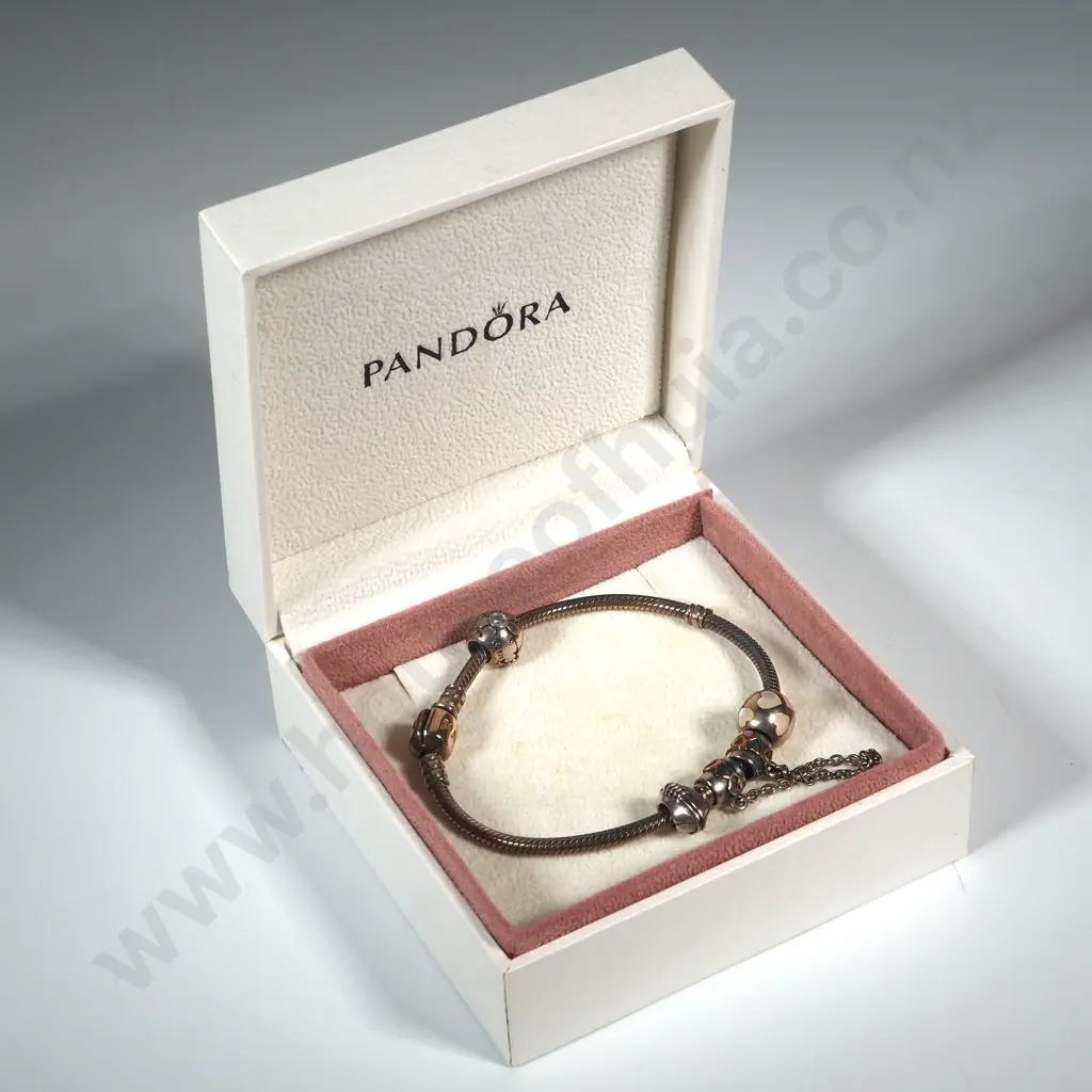 Pandora Bracelet in Sterling SIlver w 14ct Gold Clasp & Four Sterling Silver Charms in Original Box Image 1++