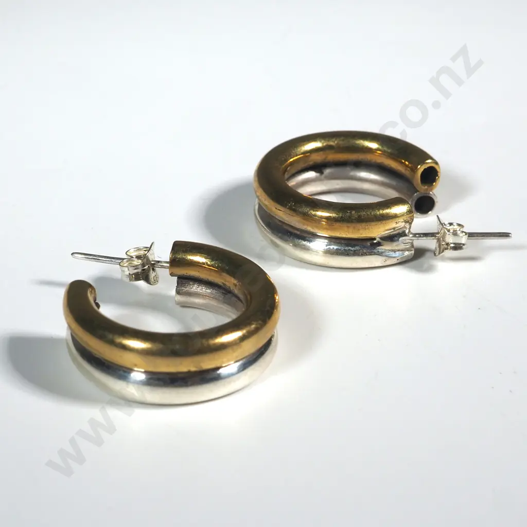 Two Tone Sterling Silver Hoop  Earrings Image 1++