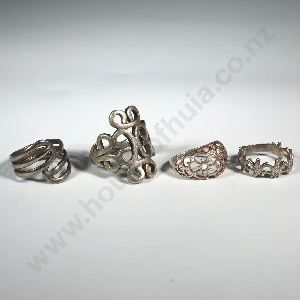 Four Sterling Silver Rings w Pierced Openwork Decoration Image 1++