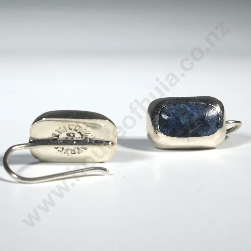 Vintage Mexico Taxco Sterling Silver Modernist Earrings with Blue Stone Image 1++