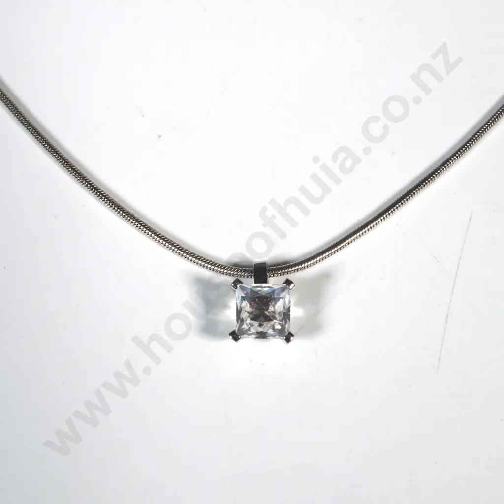 Single Square White Stone Pendant Suspended on A Sterling Silver Snake Chain Image 1++