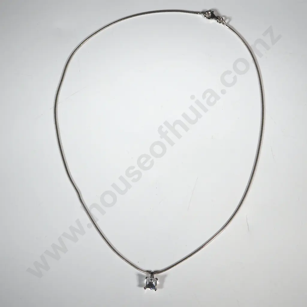 Single Square White Stone Pendant Suspended on A Sterling Silver Snake Chain Image 1++
