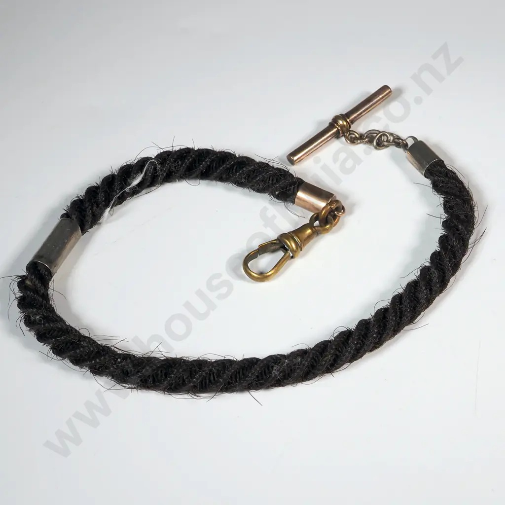 Victorian human hair fob chain with gold and silver mounts, brass dog clip Image 1++