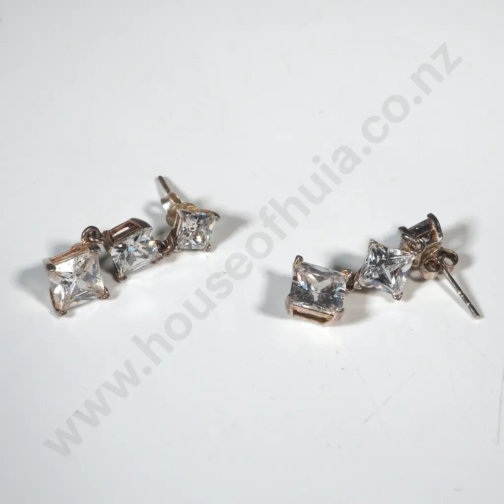 Three Pairs Of Sterling Silver & White Stone Stud Earrings Image 1++