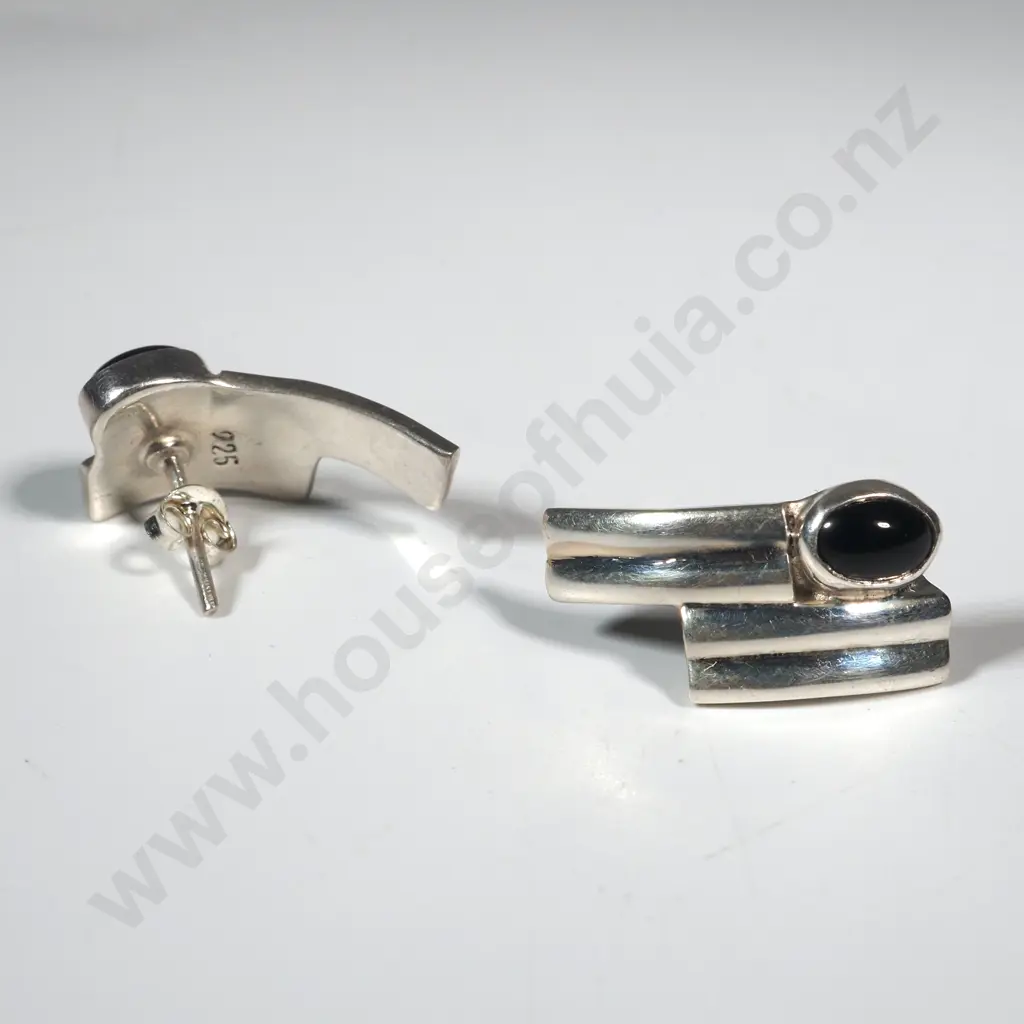 Pair Of Sterling Silver  Modernist Style Earrings with Oval Black Stones. Image 1++