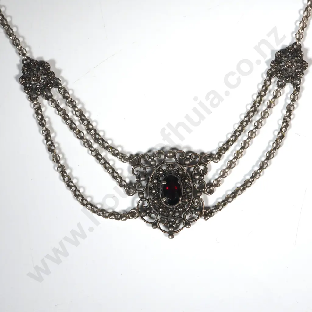 Edwardian Swag Style Sterling Silver Choker Necklace with Central Oval Red Stone Image 1++