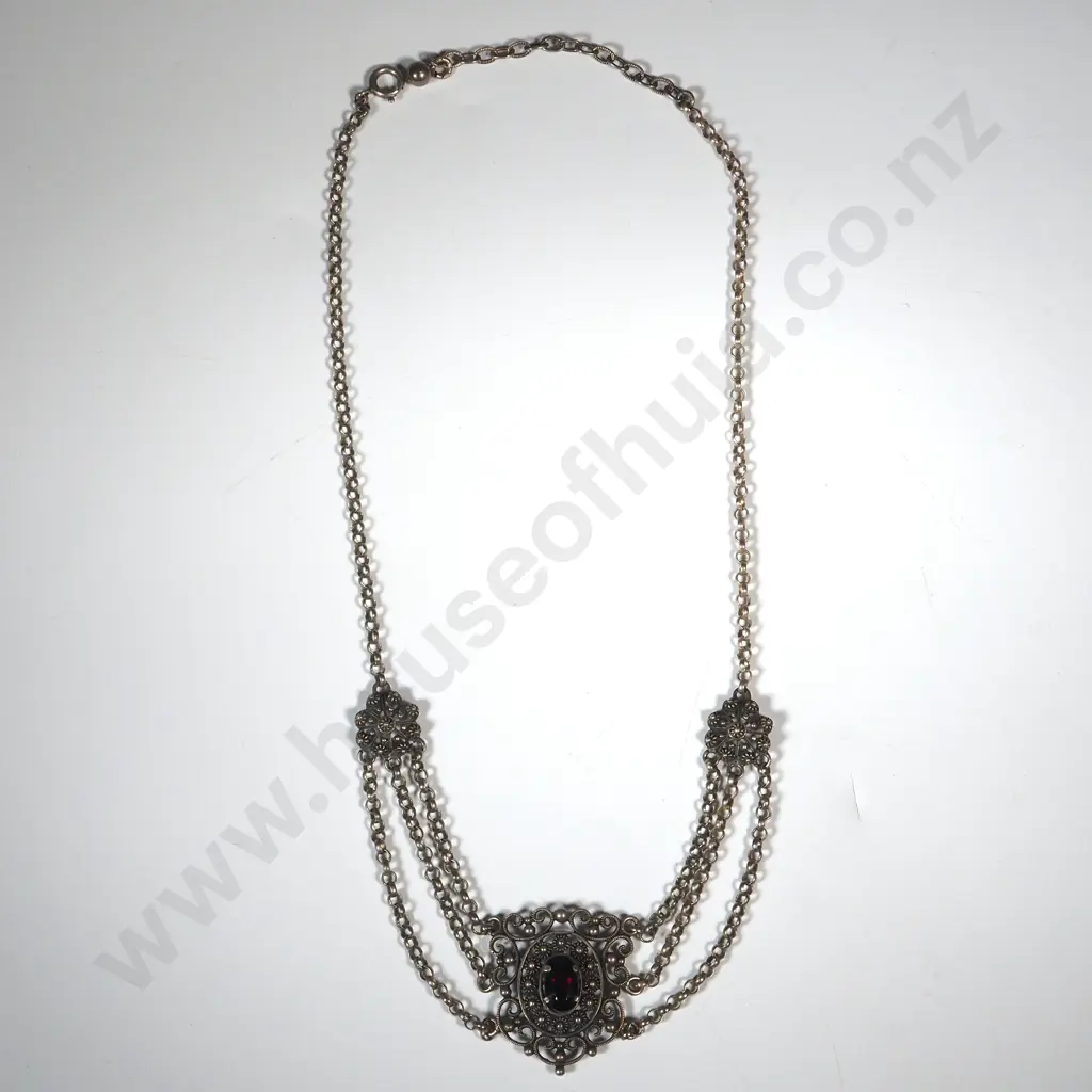 Edwardian Swag Style Sterling Silver Choker Necklace with Central Oval Red Stone Image 1++