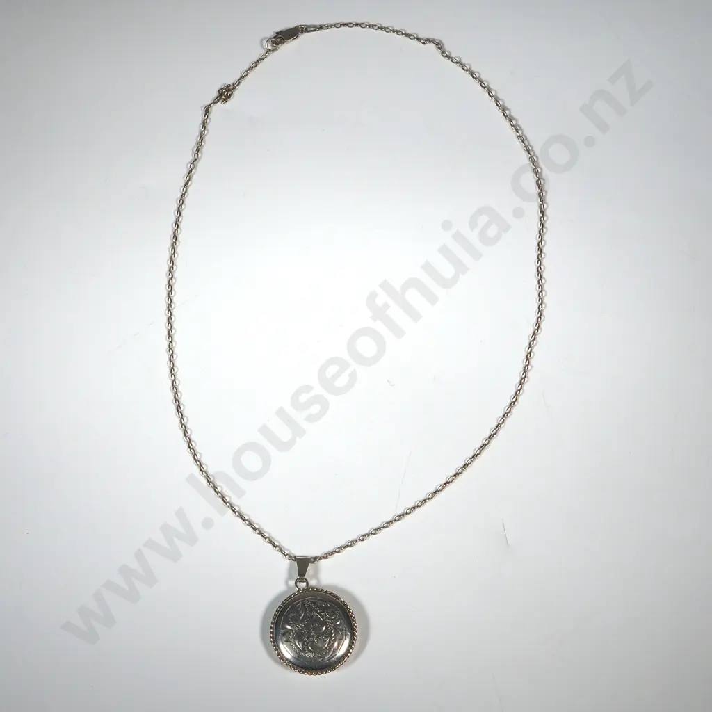 Sterling Silver Circular Engraved Locket On Chain Image 1++