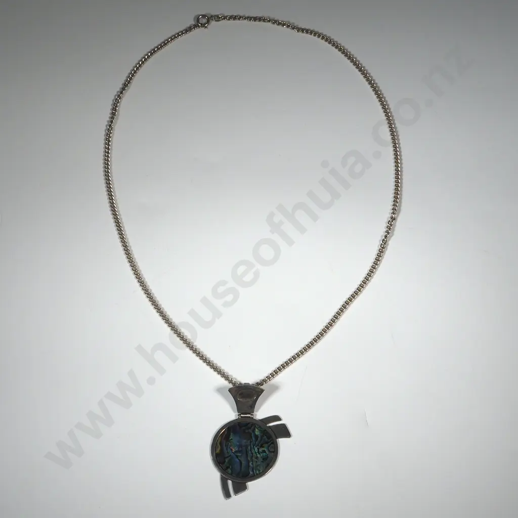 Vintage Modernist Design Sterling Silver & Paua Shell Pendant Image 1++