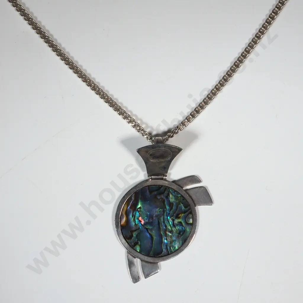 Vintage Modernist Design Sterling Silver & Paua Shell Pendant Image 1++