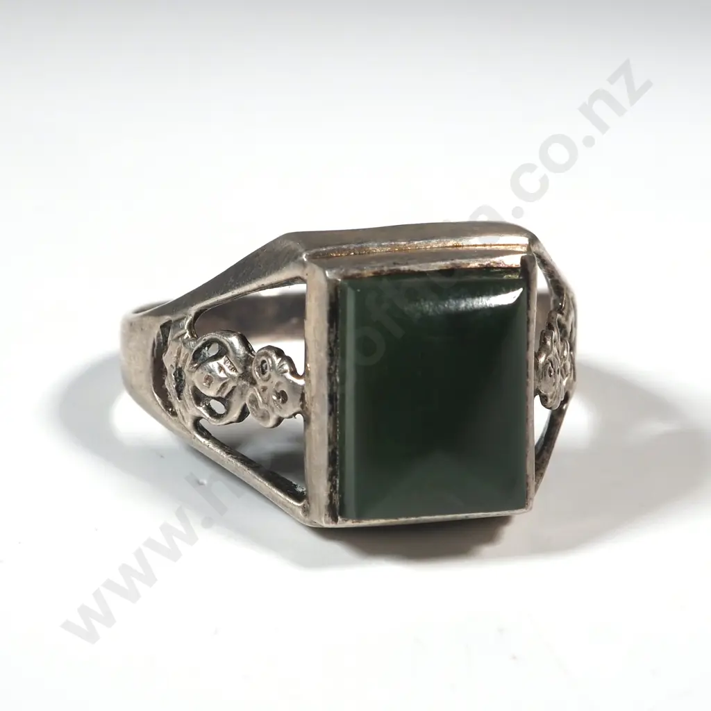 Sterling Silver & Square Greenstone Ring with Tiki Supports Image 1++