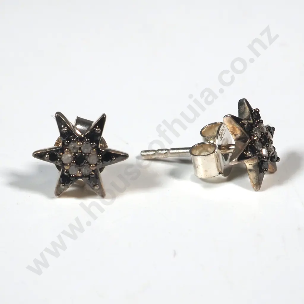 Pair Of Sterling Silver Star Shaped Black Diamond Earrings  Image 1++