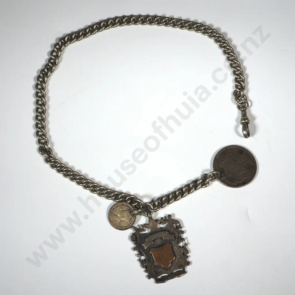 Fob Chain w Sterling Silver Fob Award From Kaihhihi Rd Club 1911 & 1934 Threepence Image 1++