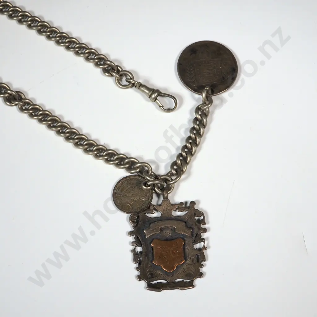 Fob Chain w Sterling Silver Fob Award From Kaihhihi Rd Club 1911 & 1934 Threepence Image 1++