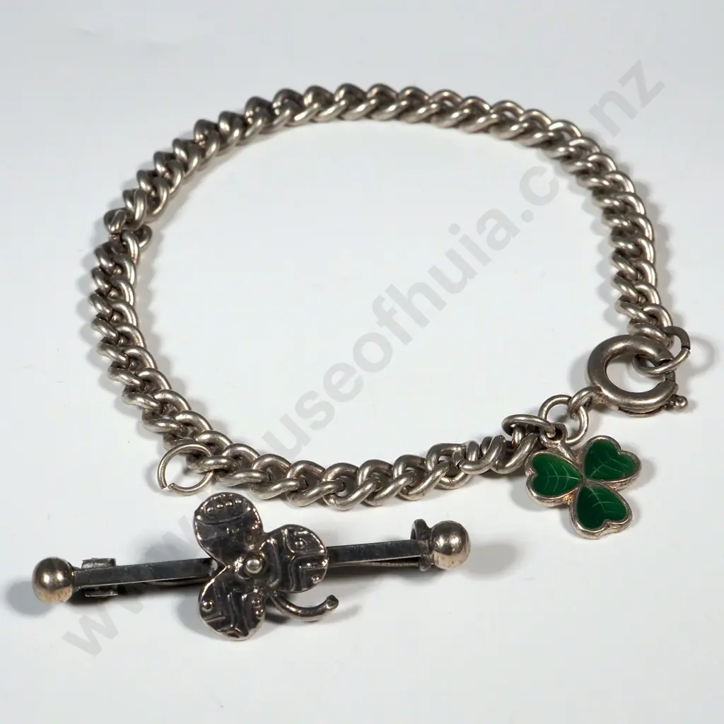 Sterling Silver Enamel Shamrock Bracelet & Brooch Image 1++