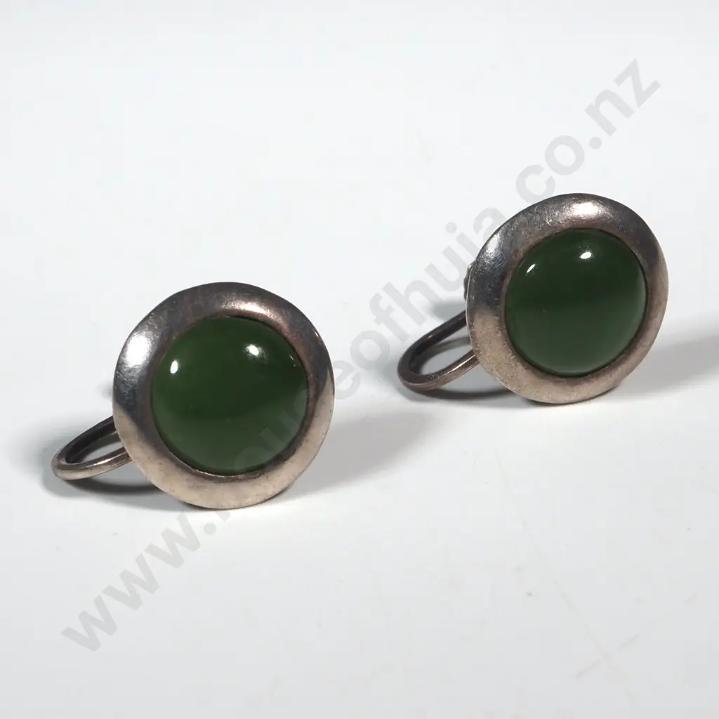 Pair Of Sterling Silver & Greenstone Screw On Earrings Image 1++