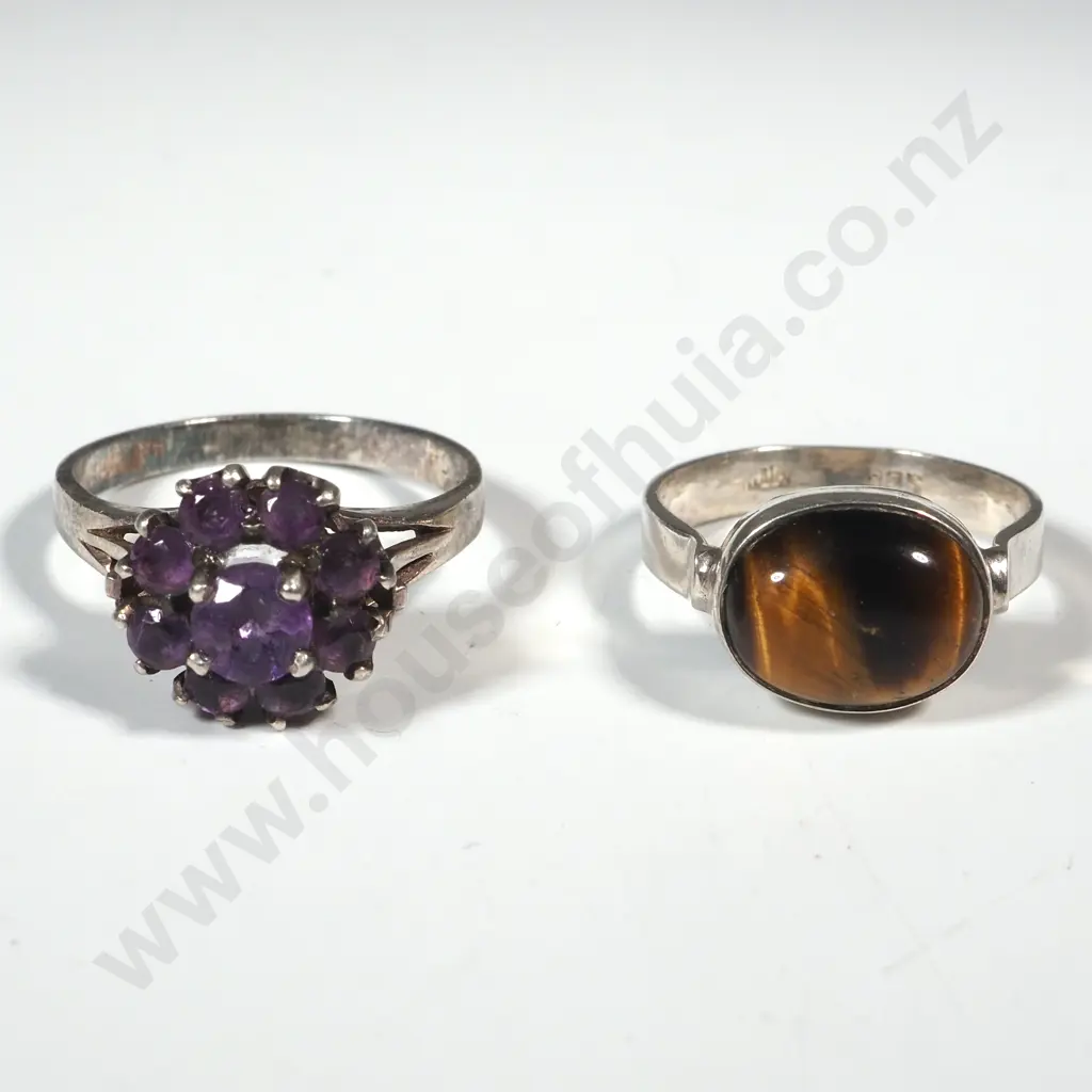 Sterling silver amethyst cluster ring and Sterling Tigers eye ring Image 1++