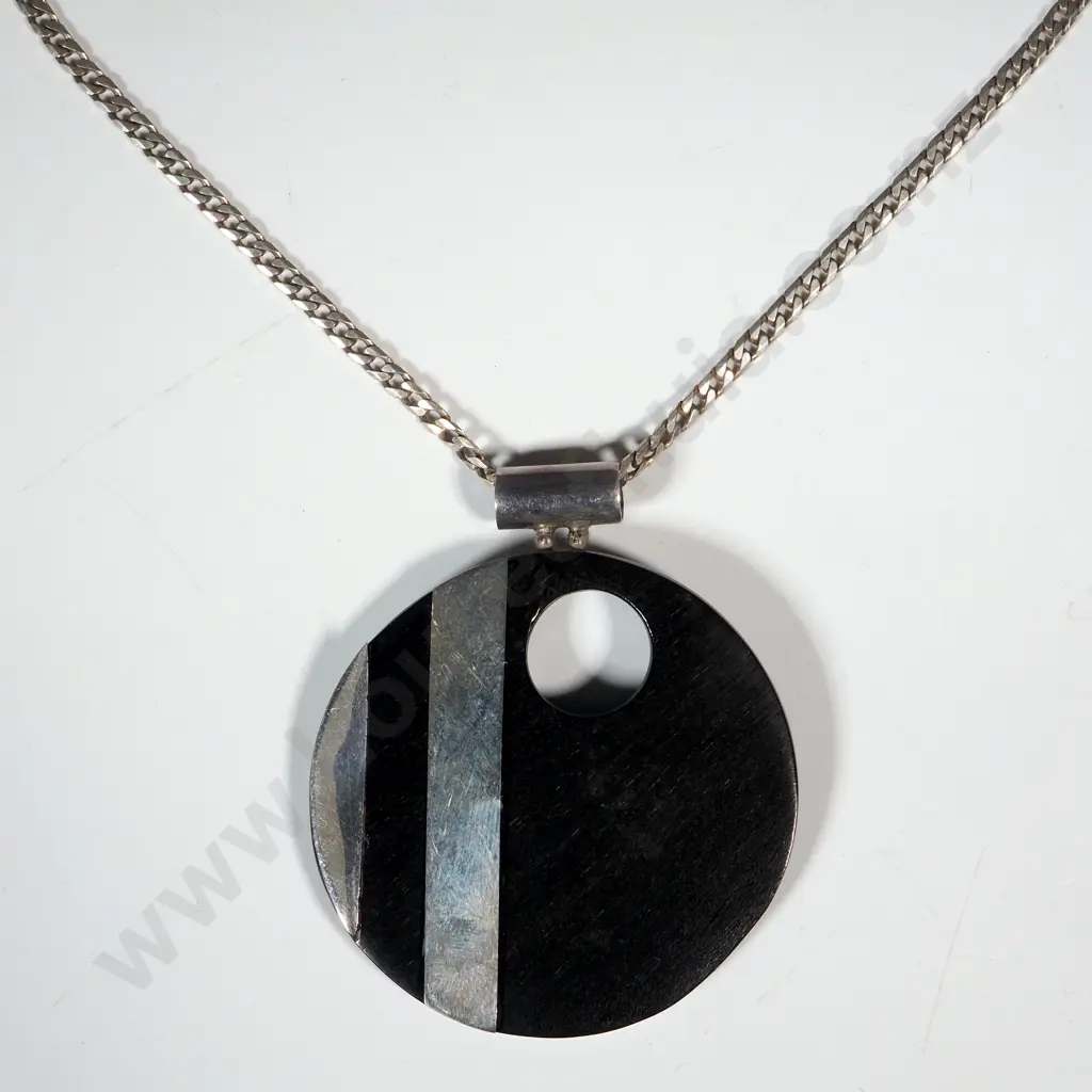 Large Black & Silver Circular Pendant On a Sterling Silver Chain Image 1++
