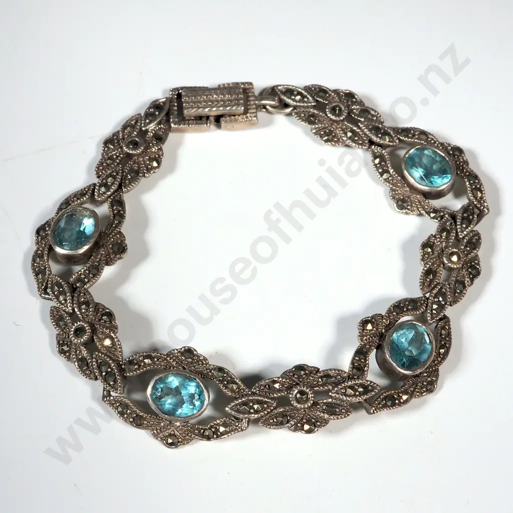 Sterling Silver, Marcasite & Blue Topaz Bracelet Image 1++