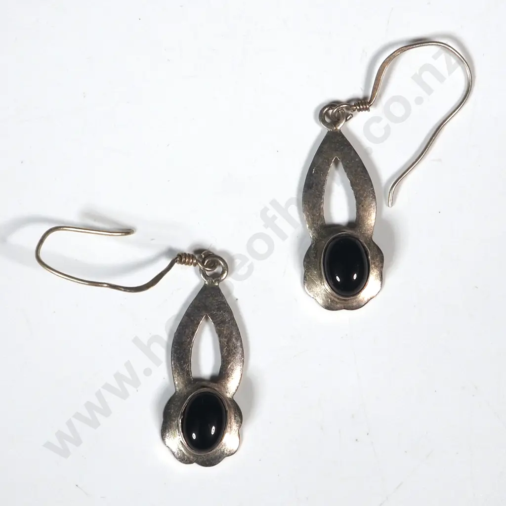 Pair Of Sterling Silver & Black Stone Drop Earrings Image 1++