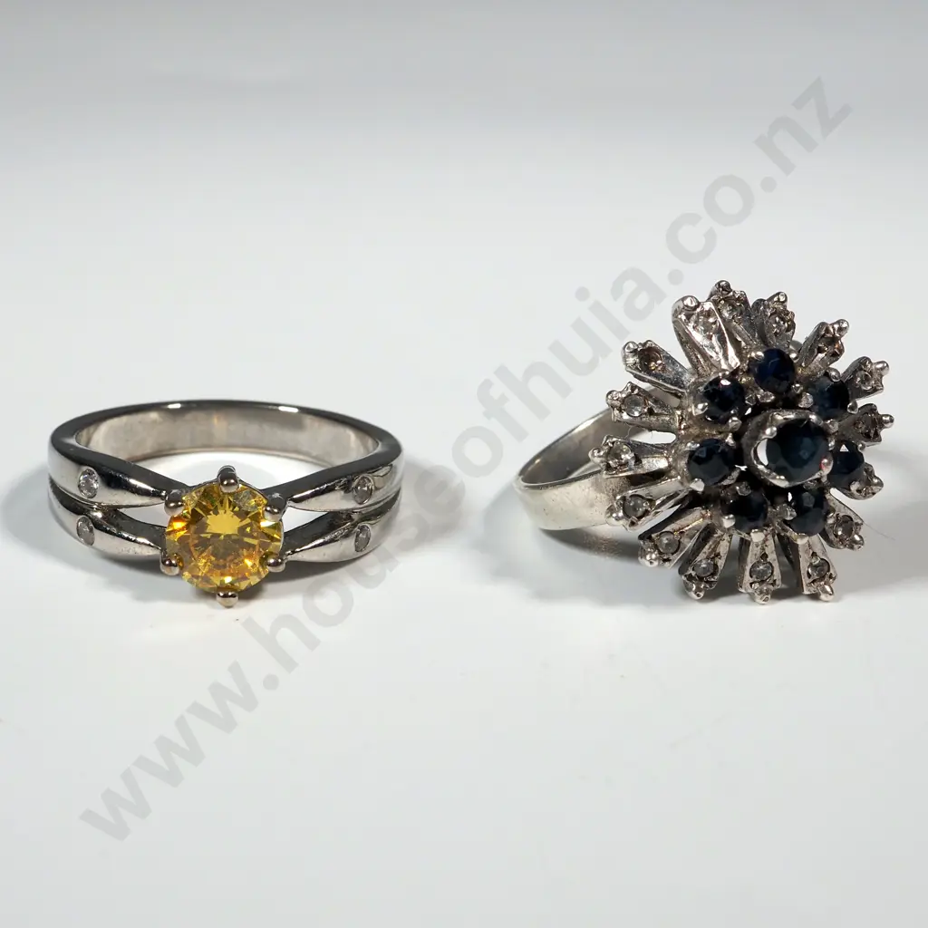 Sterling silver sapphire cluster starburst ring with a yellow gemstone and zircon ring Image 1++