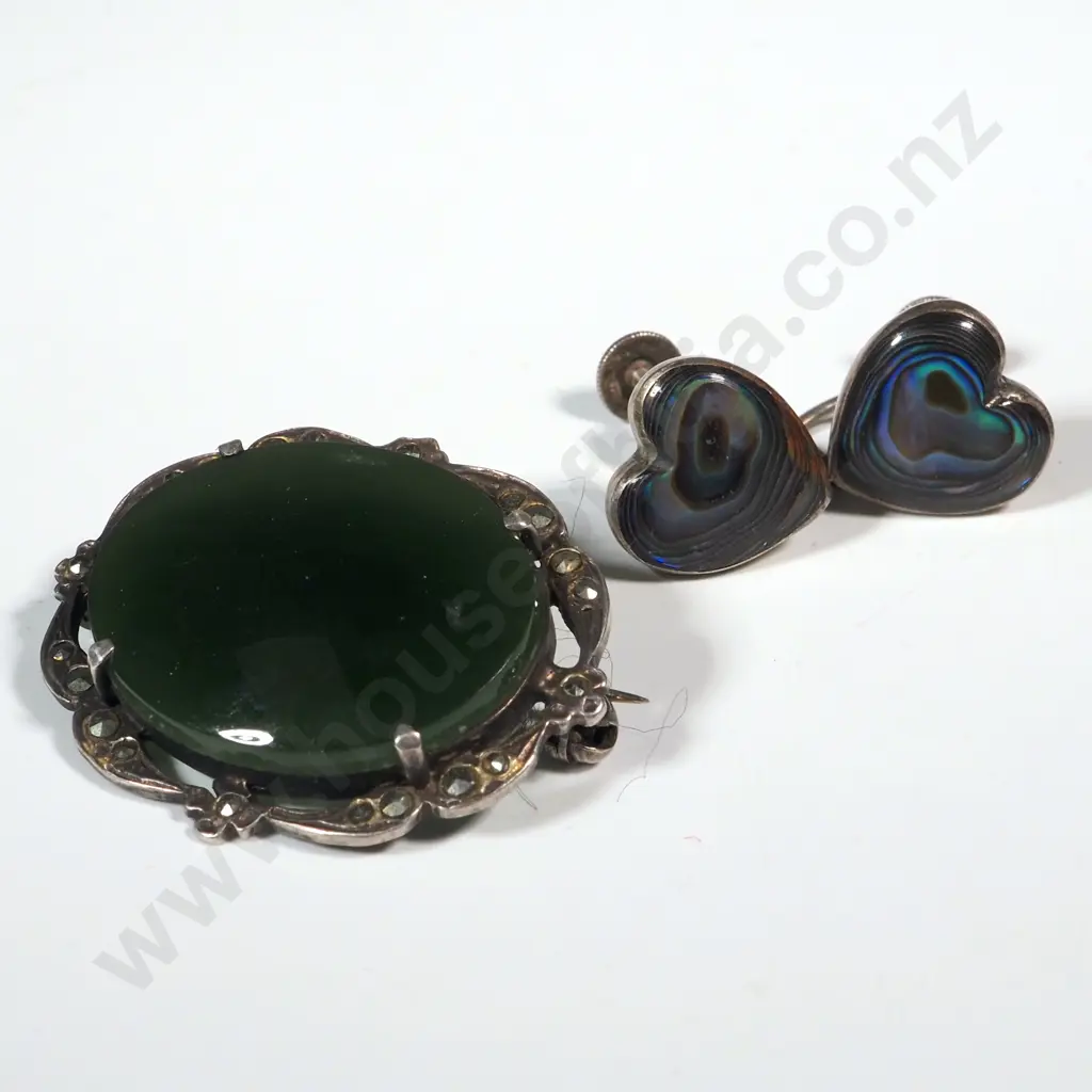 Sterling Silver Paua Earrings & Greenstone Brooch Image 1++