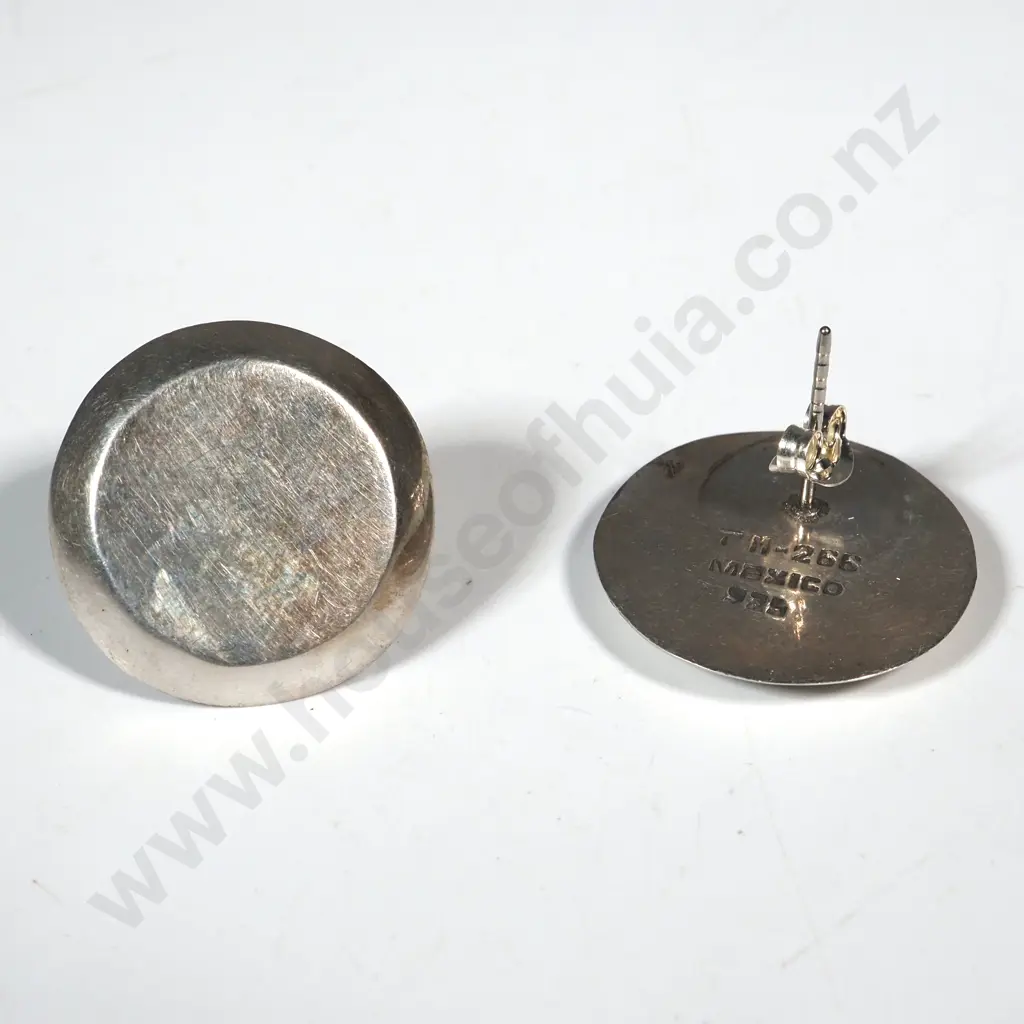Pair Of Flat Round Sterling Silver Earrings. Marked Mexico Image 1++