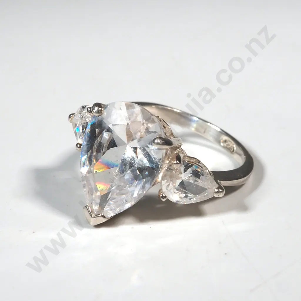 Sterling Silver & Three White Stone Pear Shaped Dress Ring Image 1++