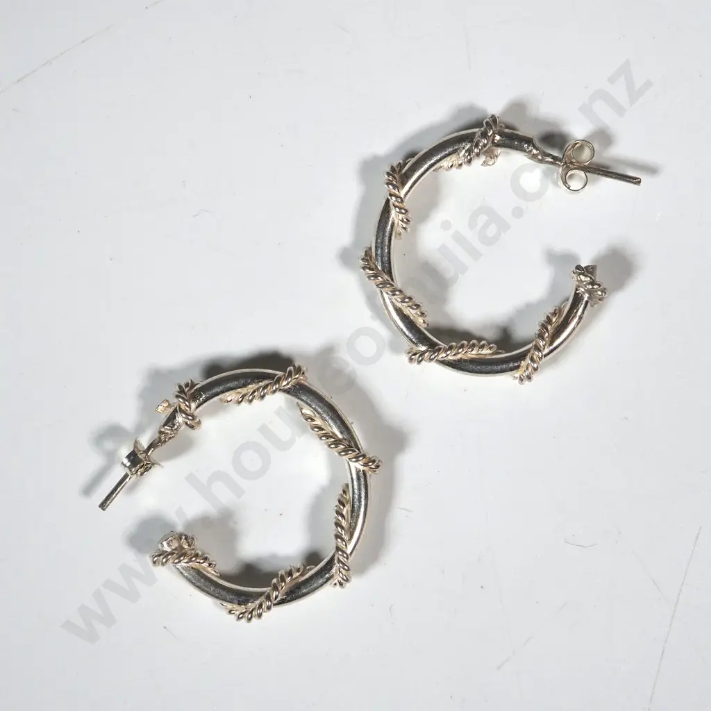 Sterling Silver Polished Rope Wrapped Round Hoop Earrings Image 1++