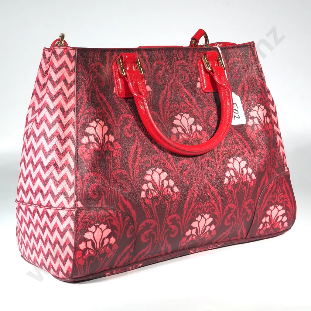 TORY BURCH Floral Carmine Robinson Triangle Tote Handbag in Red Burgundy Image 1++