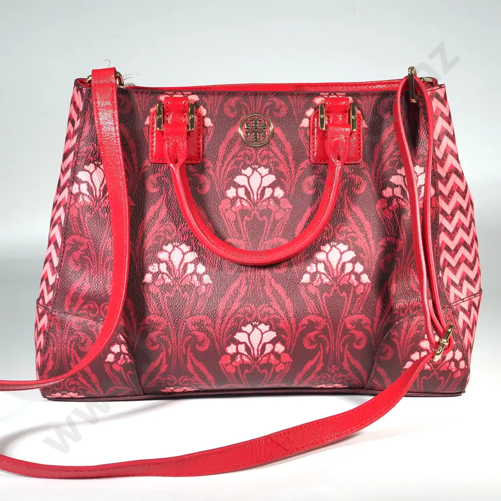TORY BURCH Floral Carmine Robinson Triangle Tote Handbag in Red Burgundy Image 1++