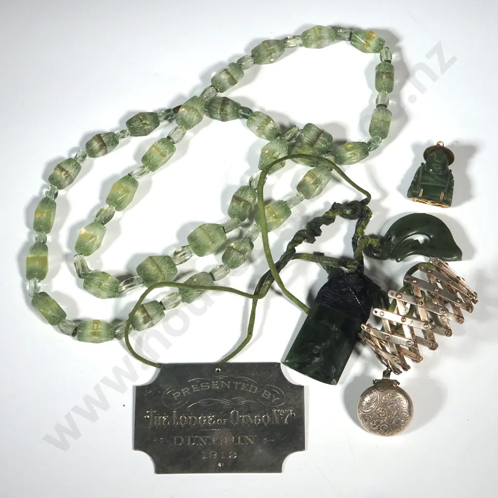 Vintage Facetted Glass Beads, Jade Buddha Pendant, Inscribed Silver Plate Plaque, & Greenstone Pendants A/F, Image 1++