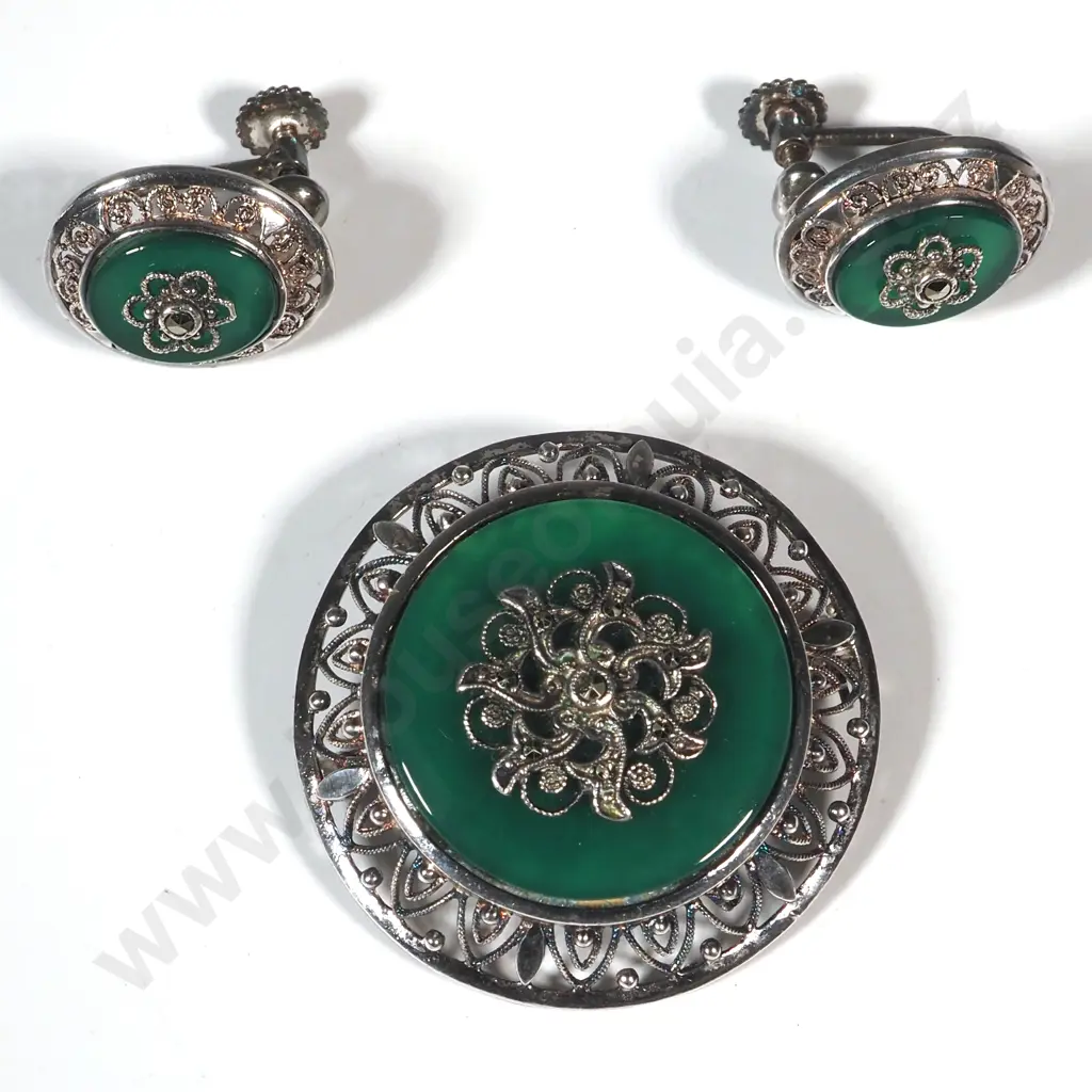 Sterling Silver, Green & Marcasite Earrings & Brooch. Image 1++