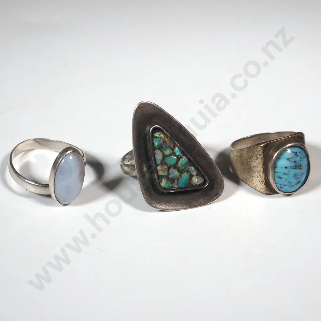 Two Sterling Silver & Turquoise Rings & Another Sterling Silver & White Stone Ring (a/f)  Image 1++
