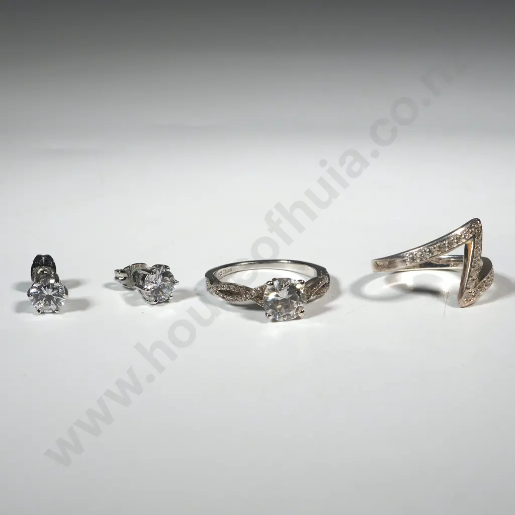 Two Sterling Silver White Stone Rings & A Pair Of Earrings  Image 1++