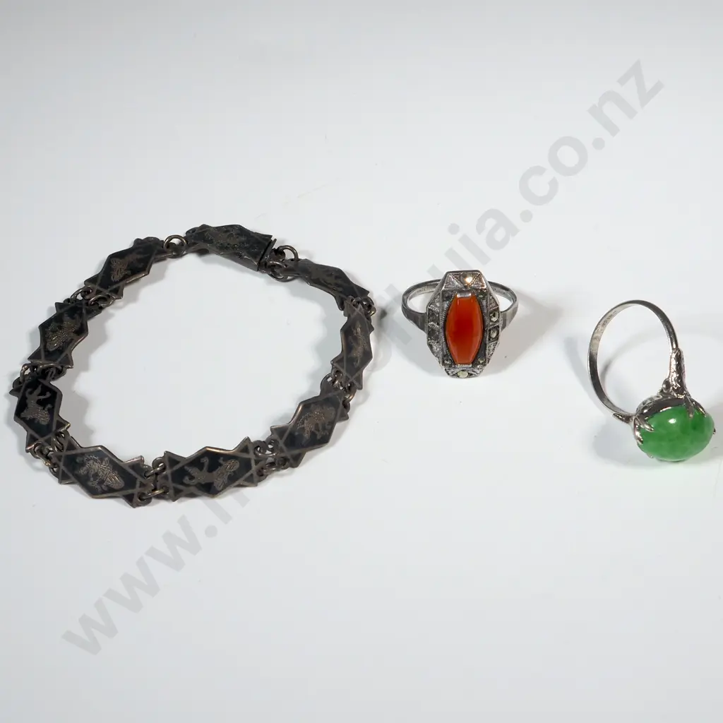 Sterling Silver Siam Bracelet, Silver Jade Ring & Marcasite Ring with Amber Coloured Stone Image 1++