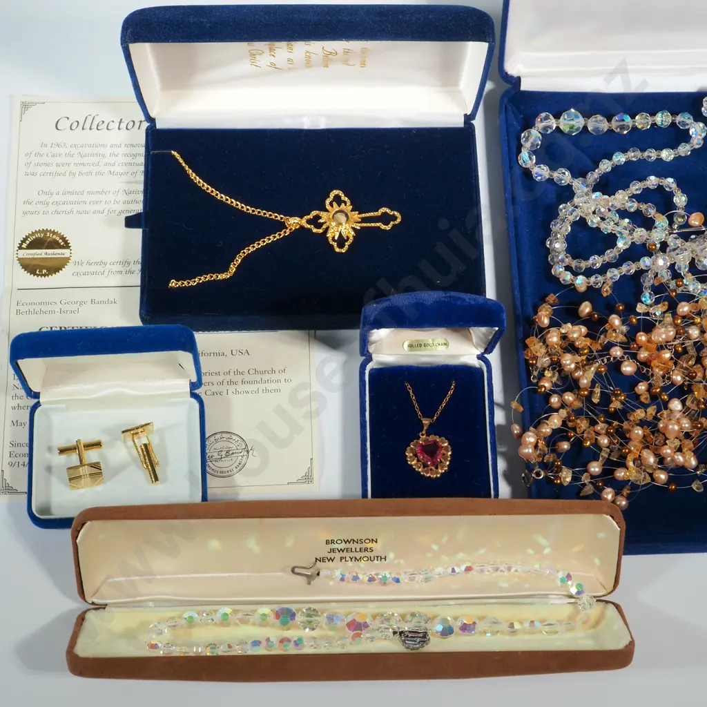 Five Boxes Of Jewellery Including A Heart Shaped Pink Stone Pendant On A Rolled Gold Chain, Exquisite Crystal Necklace,  Image 1++