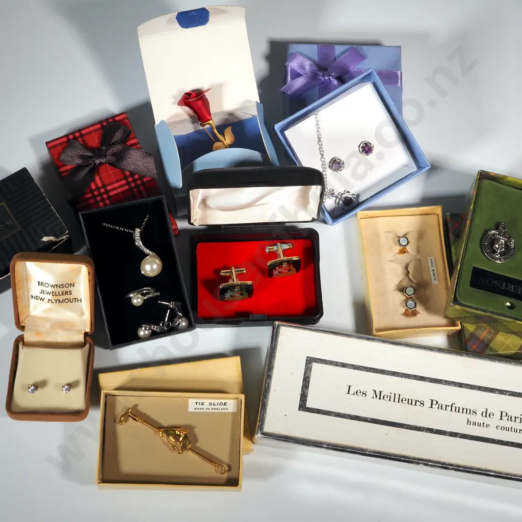 Collection of Costume Jewellery Including Horse Related Tie Slide, Earrings, Cufflinks, Rose Brooch, Chains & Pendants.  Image 1++