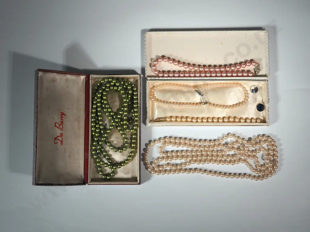 Collection Of Faux Pearls; Long String Of Hand Knotted Opera Length, Du Barry Green Pearls &  A String Of Pink Pearls. Image 1++
