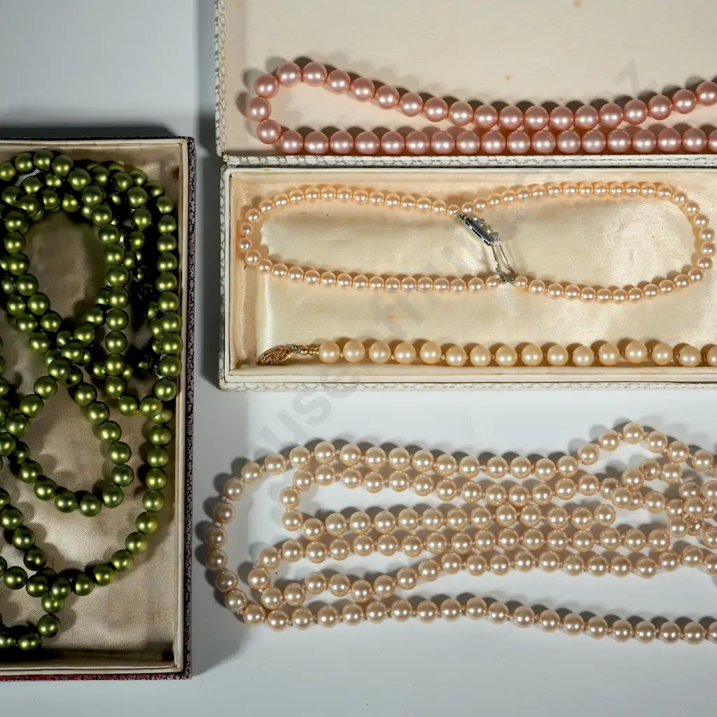 Collection Of Faux Pearls; Long String Of Hand Knotted Opera Length, Du Barry Green Pearls &  A String Of Pink Pearls. Image 1++