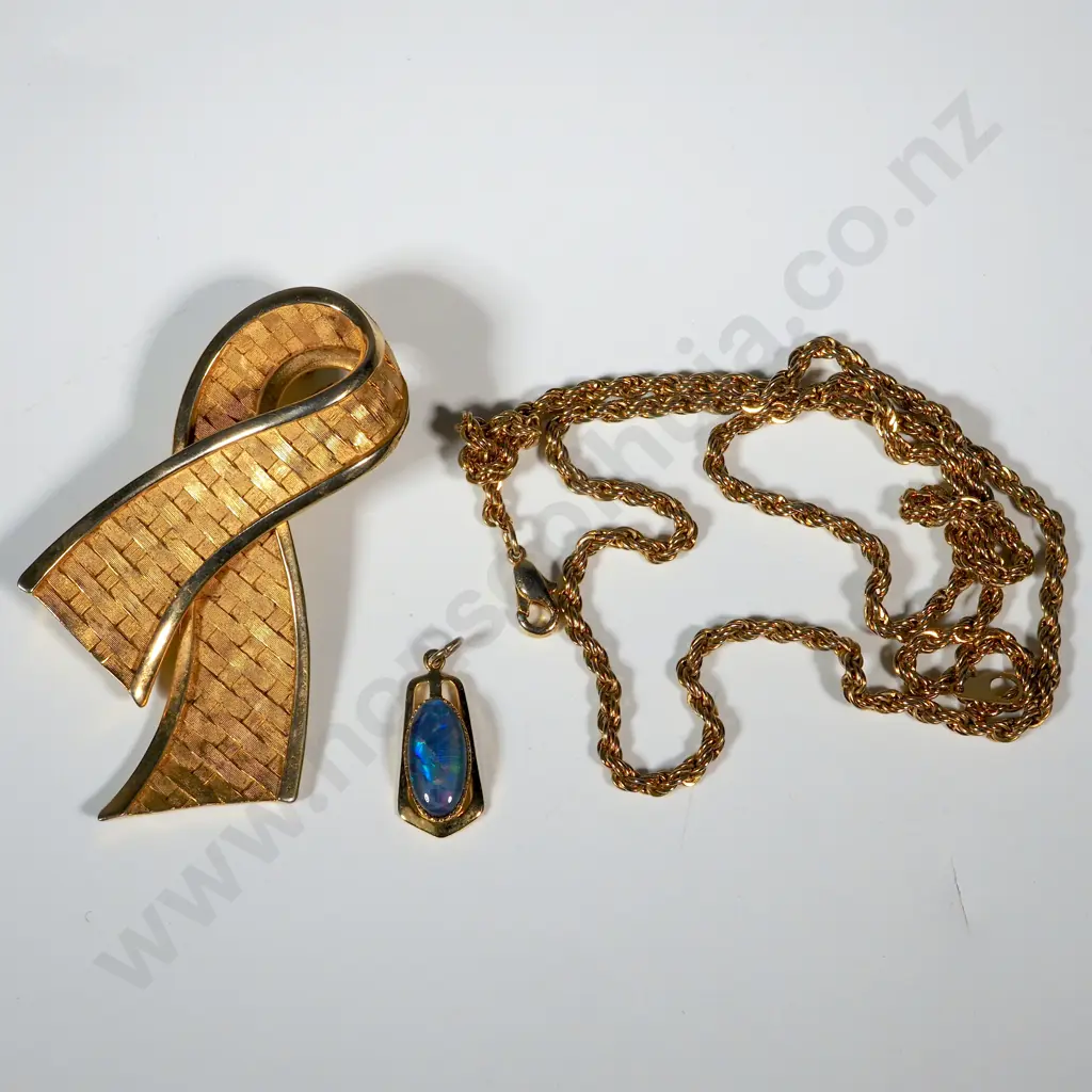 Ornamental Gold Cross Over Brooch, Opal Pendant, & Gold Tone Chain  Image 1++
