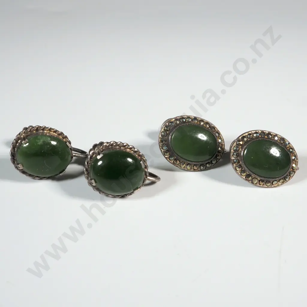 Two Pairs Of Greenstone Screw On Earrings. One with Marcasite & One Rope Edged  Image 1++