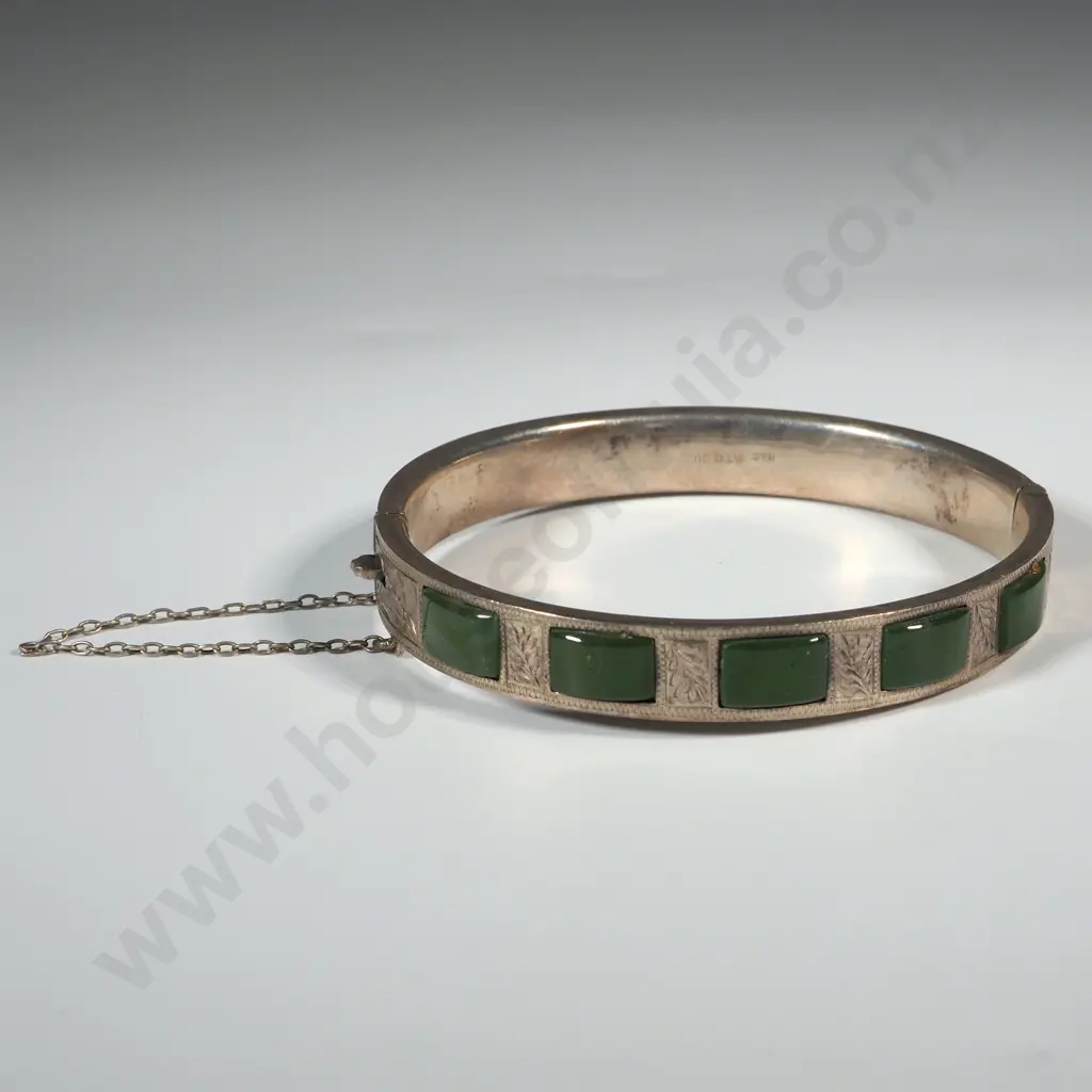 Sterling Silver Snap Bangle With Five Greenstone Insets Image 1++