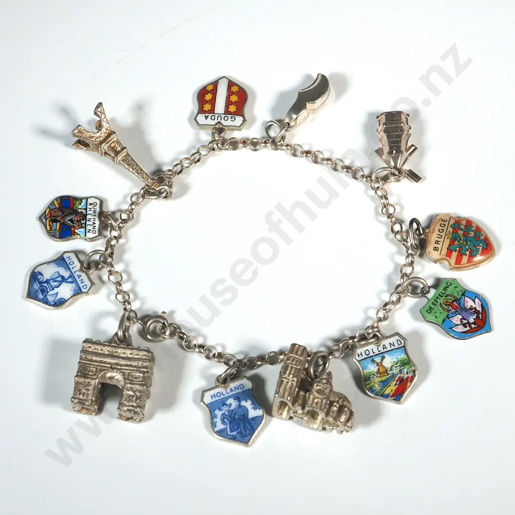 Sterling Silver Souvenir Charm Bracelet with Charms From Europe Including France, Holland & Germany  Image 1++