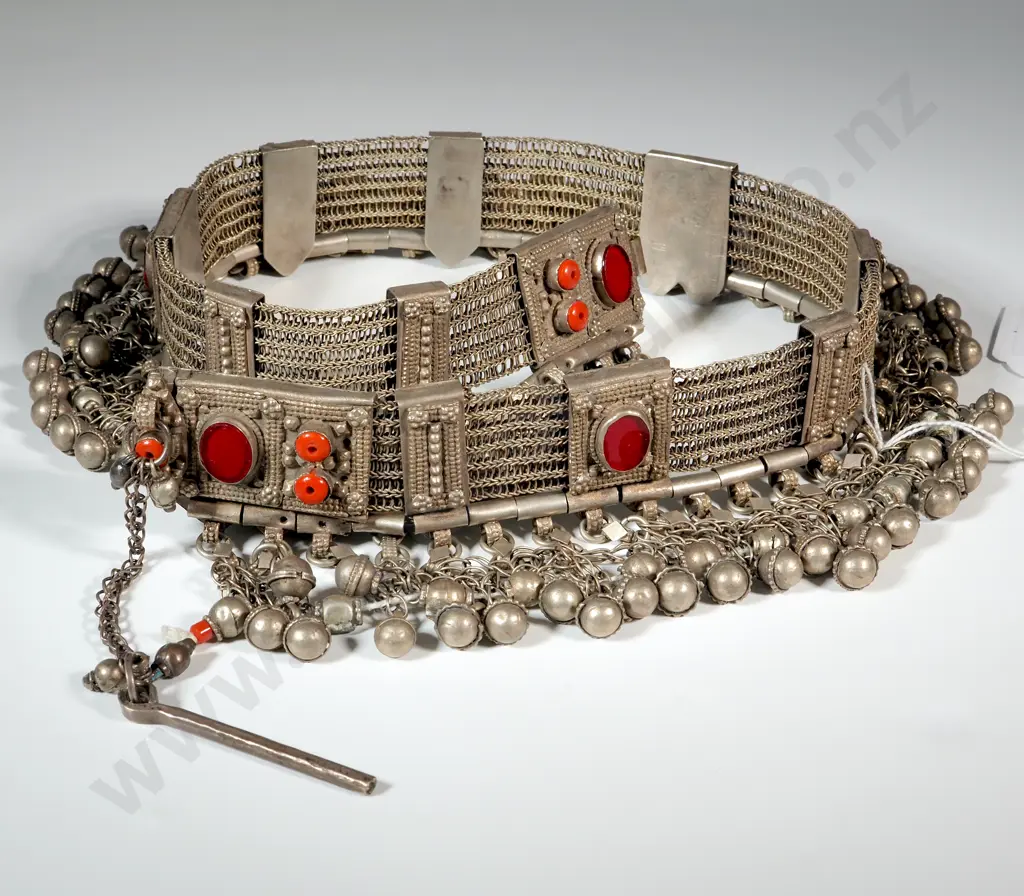 Yemeni Silver Headdress Set with Oval Red Stones & Hung with Bells  Image 1++