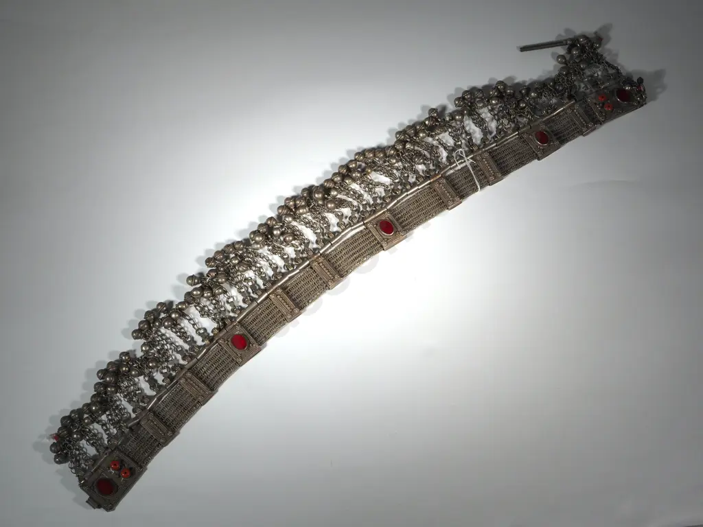 Yemeni Silver Headdress Set with Oval Red Stones & Hung with Bells  Image 1++