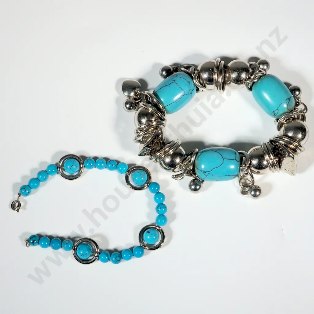 Two Bracelets: Silvered Coloured w Turquoise Style Coloured Beads. Image 1++