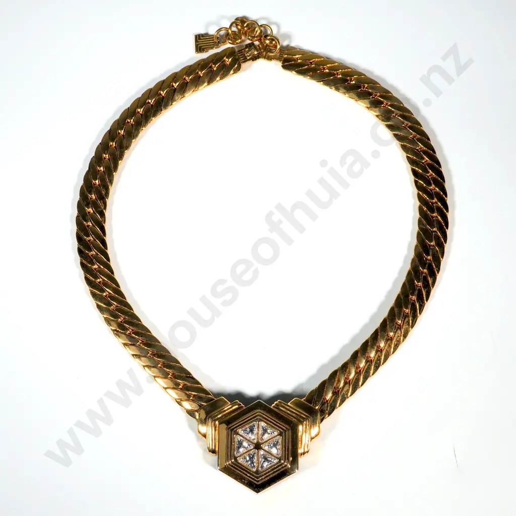 Lanvin Gold Jewellery Necklace w Hexagonal Centre Offset w Triangular Zircons. Image 1++